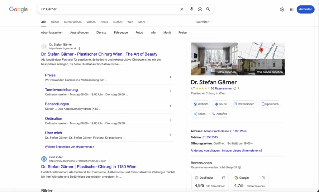 Beispiel einer SERP anzeige von Dr. Gärner